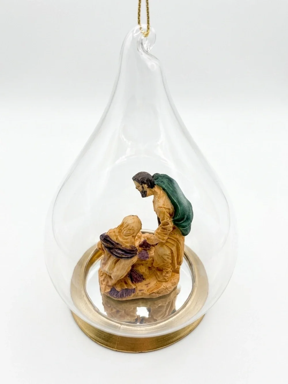 Teardrop Glass Nativity Scene Christmas Tree Ornament Gold Jesus Mary Joseph 4”